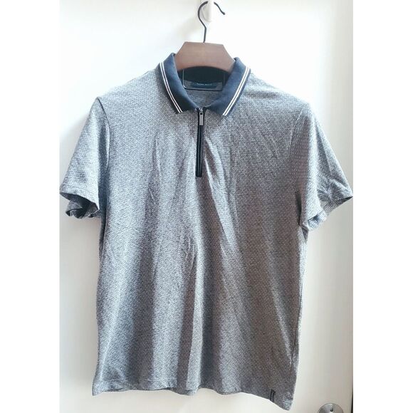 Perry Ellis Men's LG Polo Shirt Black/ White Dobby Pattern Metal Zip Pull - Picture 2 of 15